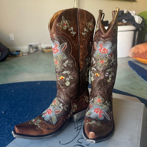 Embroidered floral brown leather 4long cowgirlie boot - Picture 5 of 5